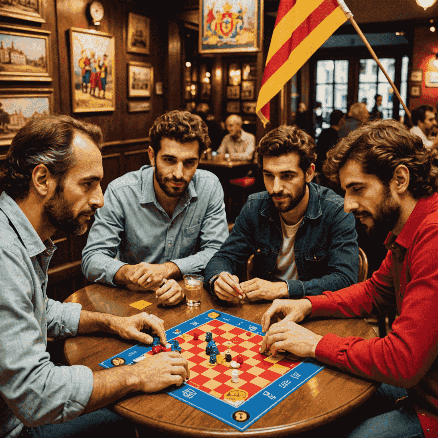 Grupo de españoles jugando a un juego de mesa europeo en un café de Madrid, con la bandera española y europea de fondo