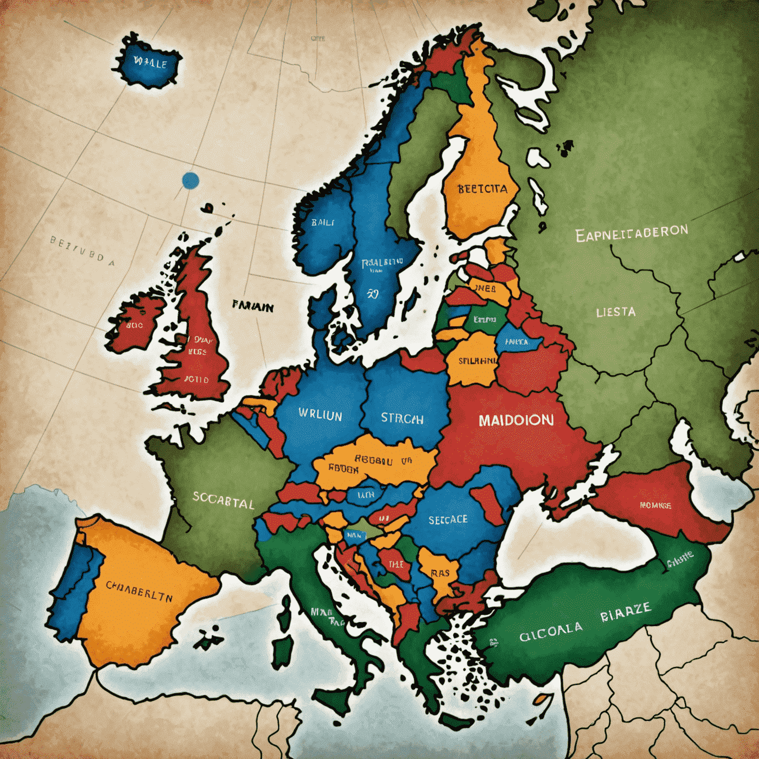 Mapa de Europa con fichas de diferentes colores representando alianzas y conflictos entre naciones