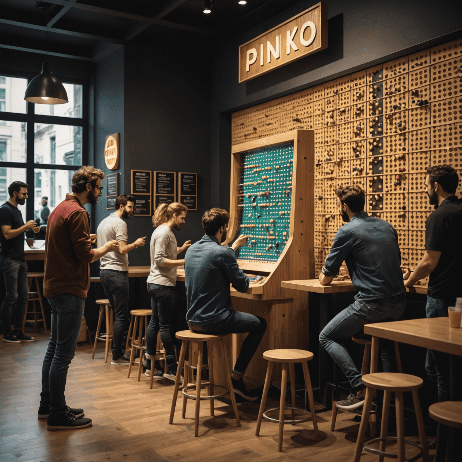 Grupo de personas jugando Plinko en una cafetería de juegos moderna en Barcelona