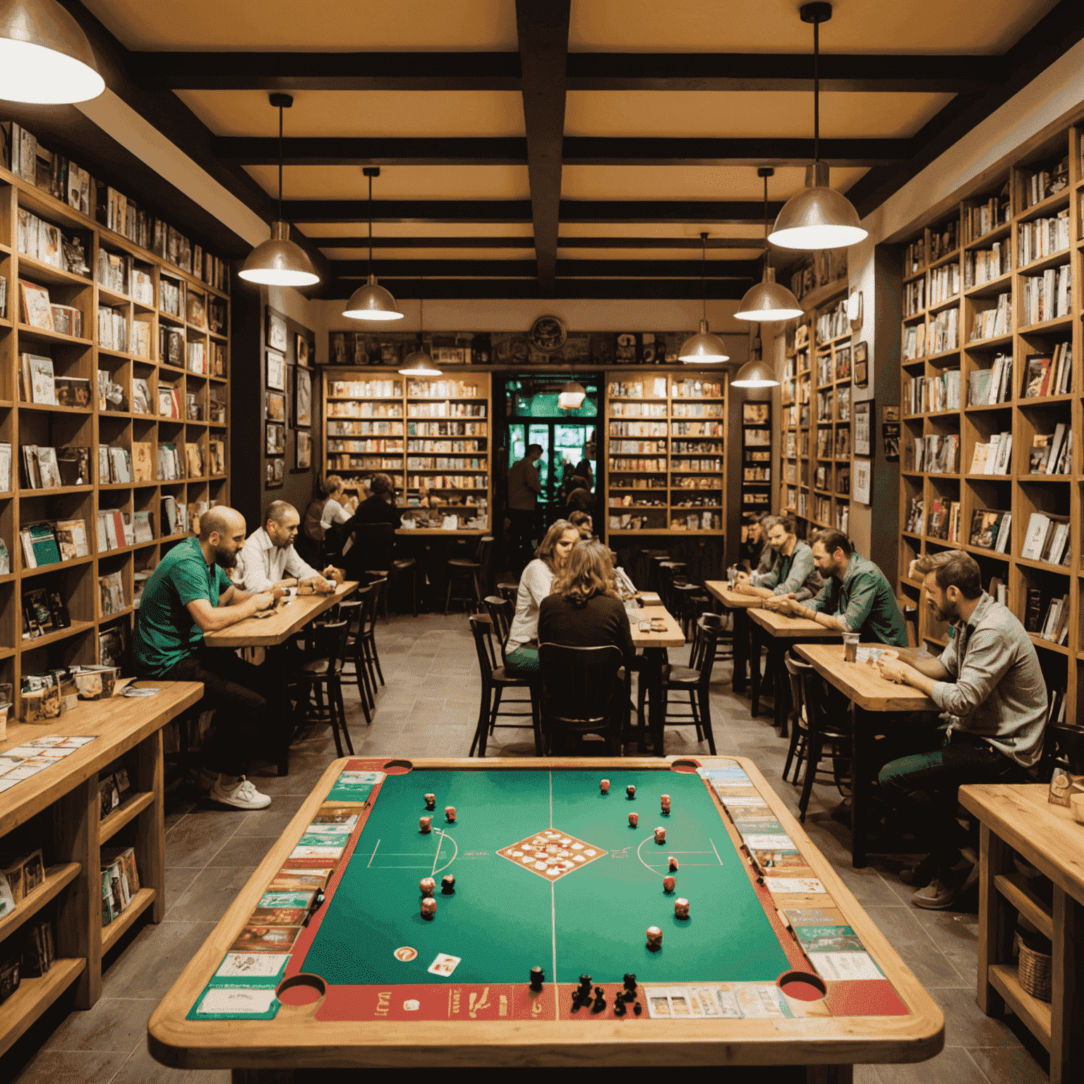 Interior de un café de juegos de mesa en España, con estanterías llenas de juegos y personas jugando en las mesas